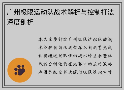 广州极限运动队战术解析与控制打法深度剖析