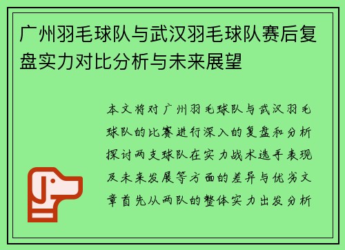 广州羽毛球队与武汉羽毛球队赛后复盘实力对比分析与未来展望