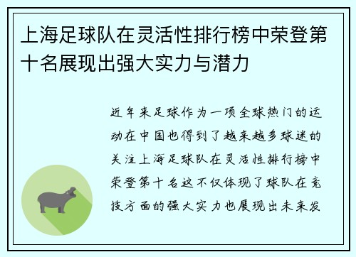 上海足球队在灵活性排行榜中荣登第十名展现出强大实力与潜力