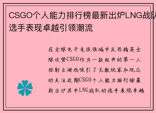 CSGO个人能力排行榜最新出炉LNG战队选手表现卓越引领潮流