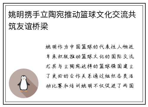 姚明携手立陶宛推动篮球文化交流共筑友谊桥梁