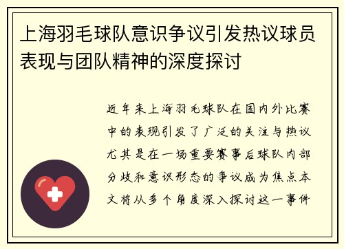 上海羽毛球队意识争议引发热议球员表现与团队精神的深度探讨