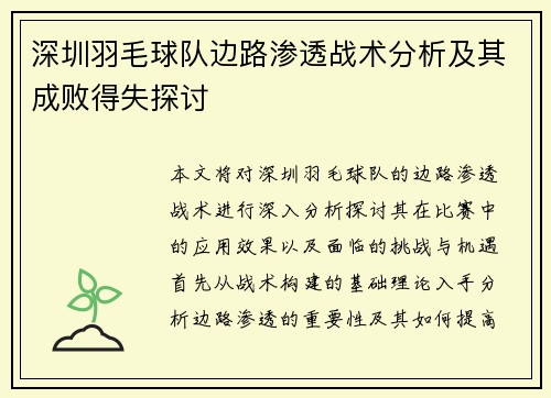 深圳羽毛球队边路渗透战术分析及其成败得失探讨
