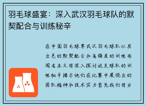 羽毛球盛宴：深入武汉羽毛球队的默契配合与训练秘辛