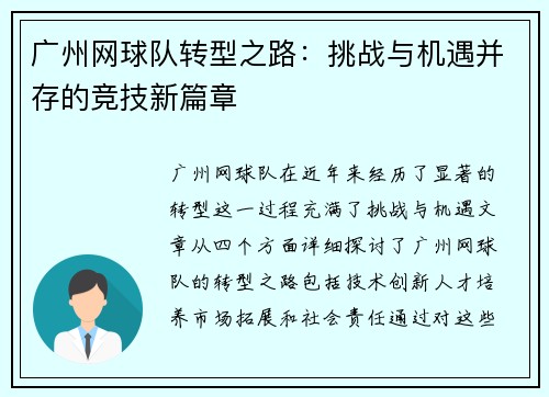 广州网球队转型之路：挑战与机遇并存的竞技新篇章