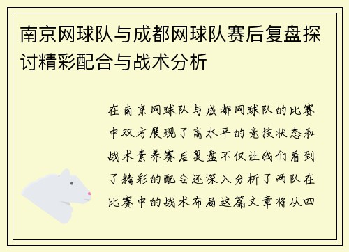 南京网球队与成都网球队赛后复盘探讨精彩配合与战术分析