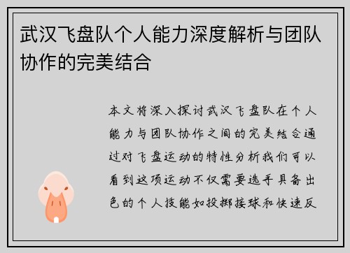 武汉飞盘队个人能力深度解析与团队协作的完美结合