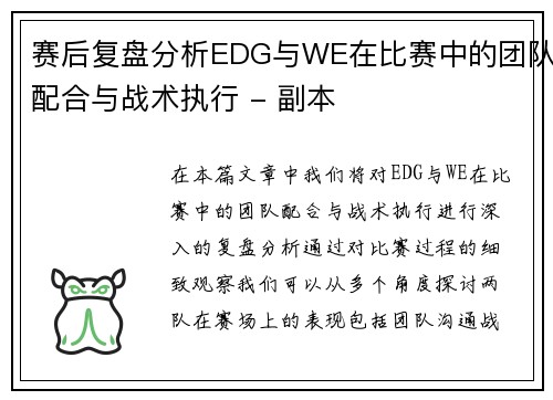 赛后复盘分析EDG与WE在比赛中的团队配合与战术执行 - 副本